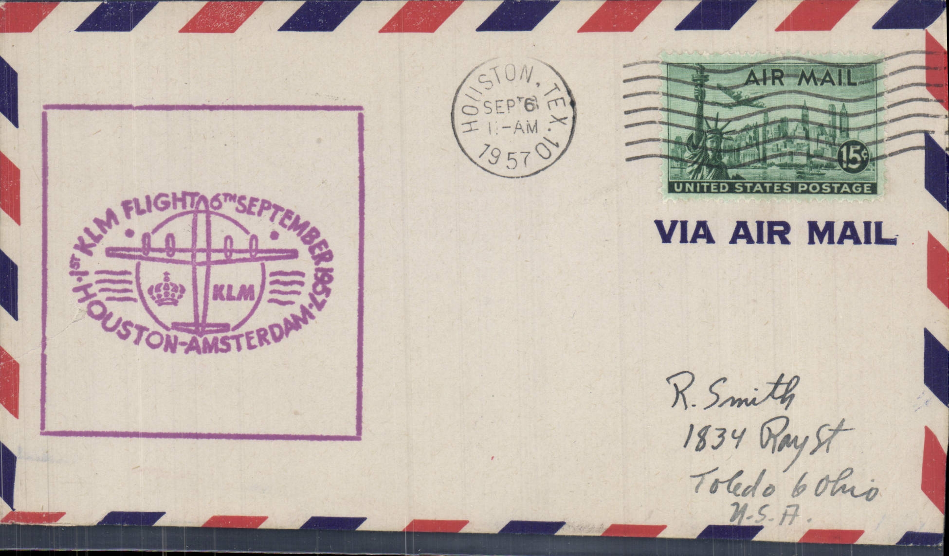 Vlucht KLM Houston-Amsterdam — 6 september 1957 — uitgever KLM