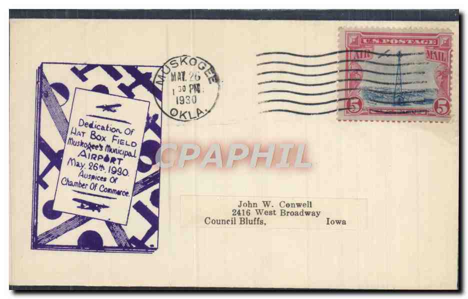 Lettre Etats Unis Muskogee Airport 26 5 1930 to Council Bluffs Iowa