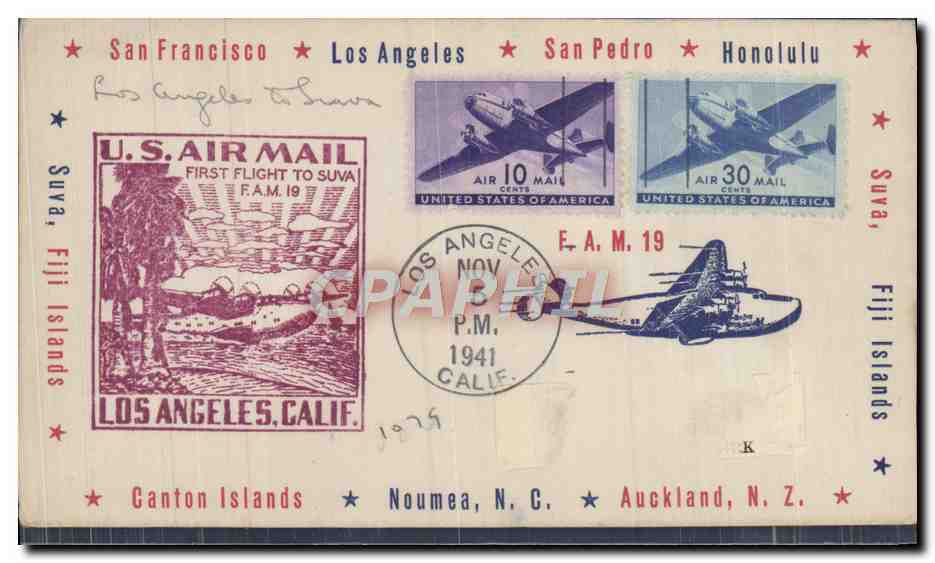 Eerste vlucht Los Angeles naar Suva — Antieke ansichtkaart van de Verenigde Staten — uitgever niet zichtbaar