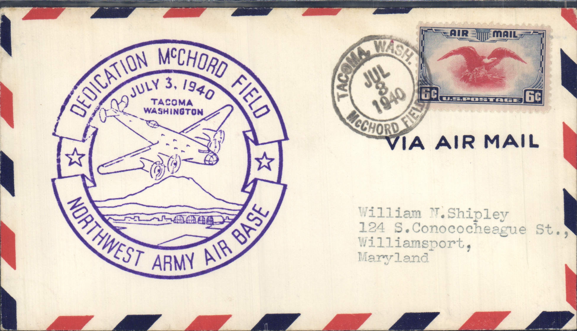 Dedikation von McChord Field — Tacoma, Washington — 3. Juli 1940 — unbekannter Verlag