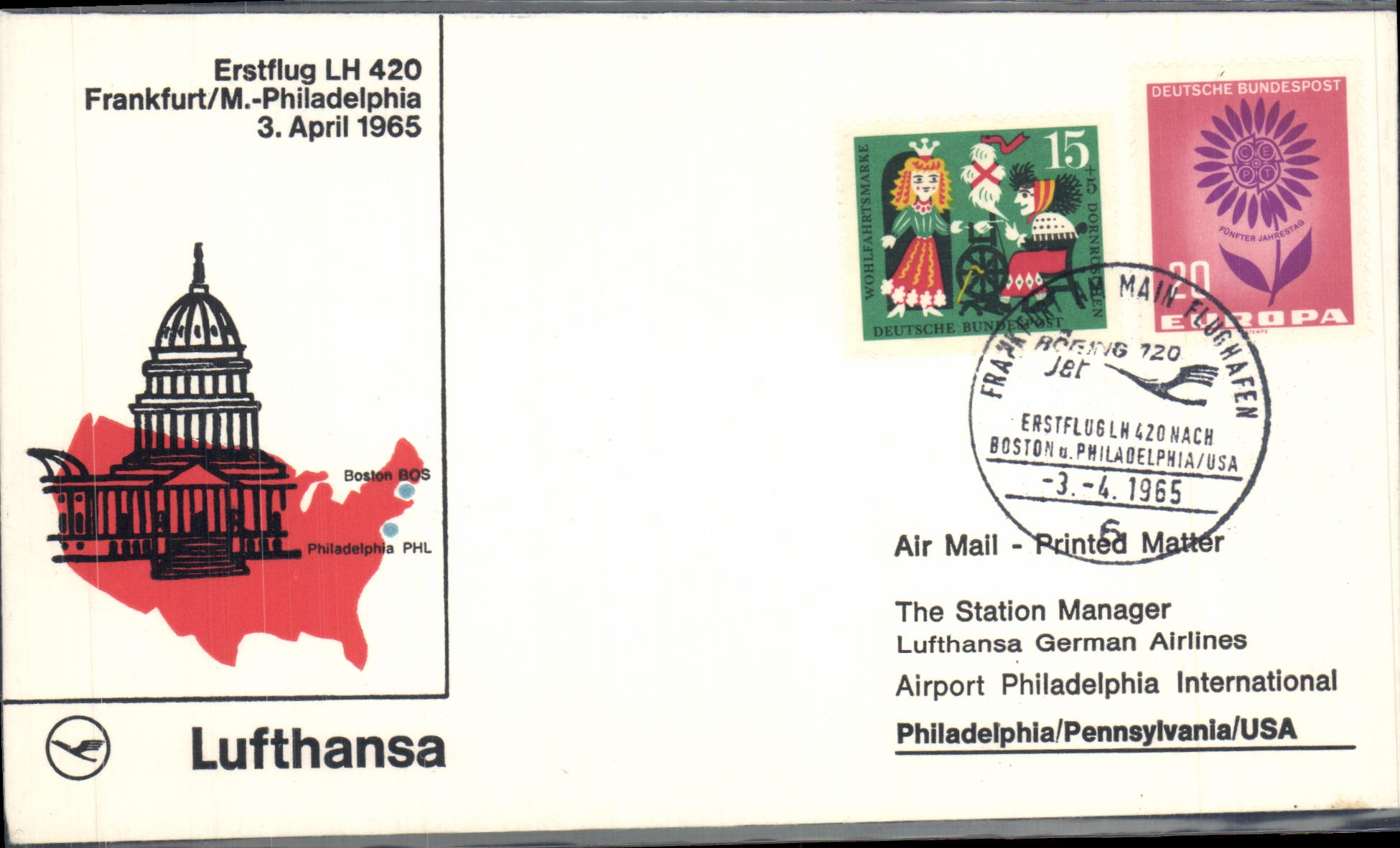 Lettre Etats Unis 1st Flight Frankfurt Philadelphia 3 4 1965