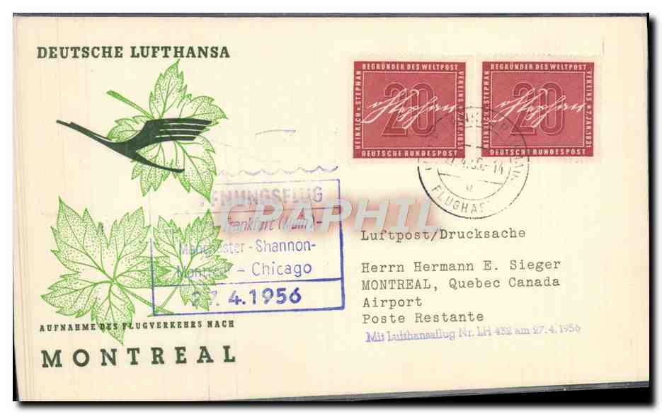 Lettre Frankfurt Chicago Montreal 27 4 56 Lufthansa