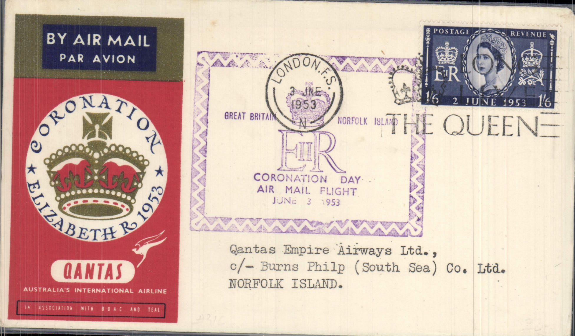 Lettre Grande Bretagne Qantas 3 6 1953 Norfolk