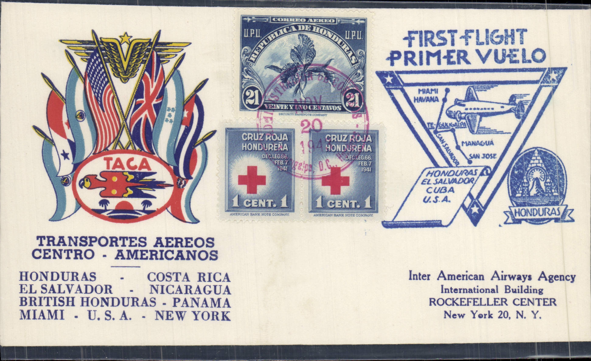 Lettre Honduras 1st Flight Costa Rica 20 11 1943