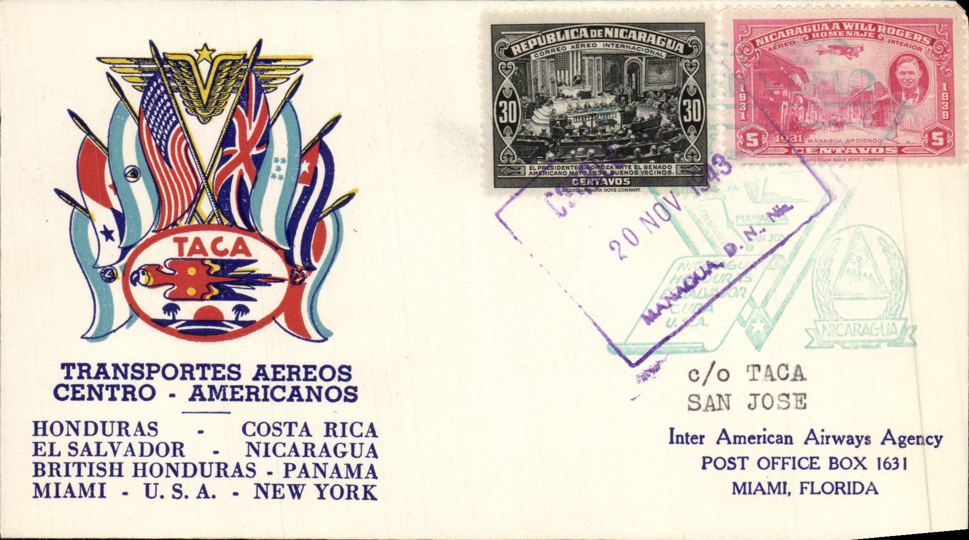 Lettre Honduras Costa Rica 20 11 1943