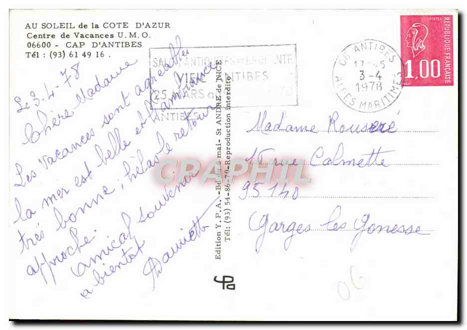 Centre de Vacances U.M.O. - CAP D'ANTIBES — Édition Y.P.A. - 54-86-70 — Rückseite