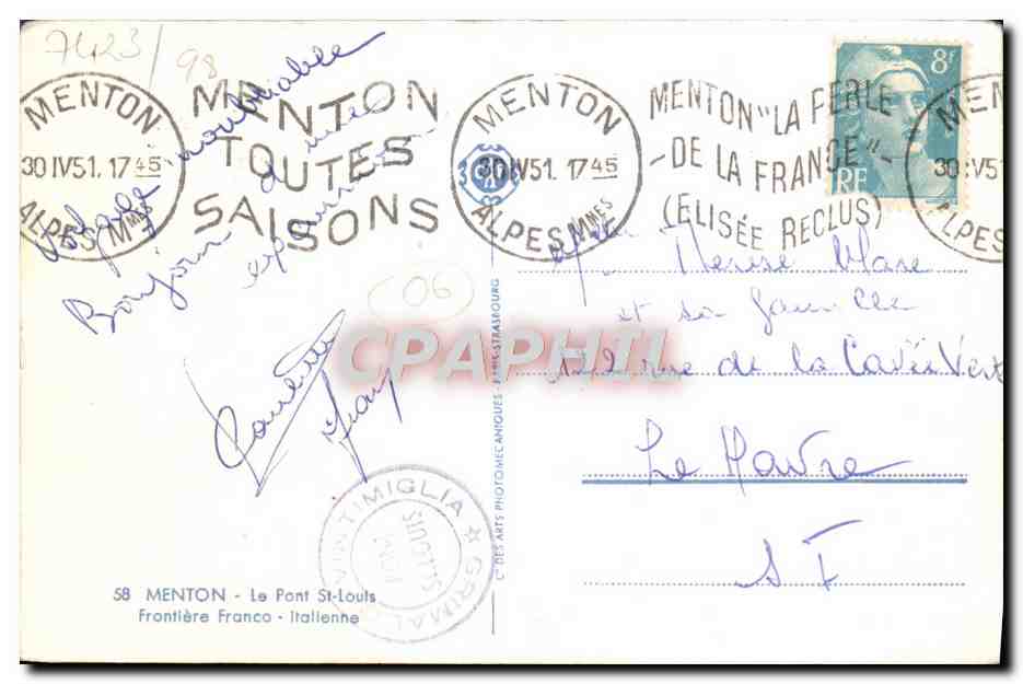 CPA Menton Le Pont St Louis Frontiere Franco italienne  — Rückseite