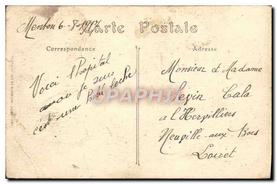 CPA Menton L'Hotel Imperial — Verso