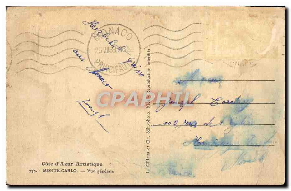 CPA Cote d'Azur Artistique Monte Carlo Vue Generale — Verso
