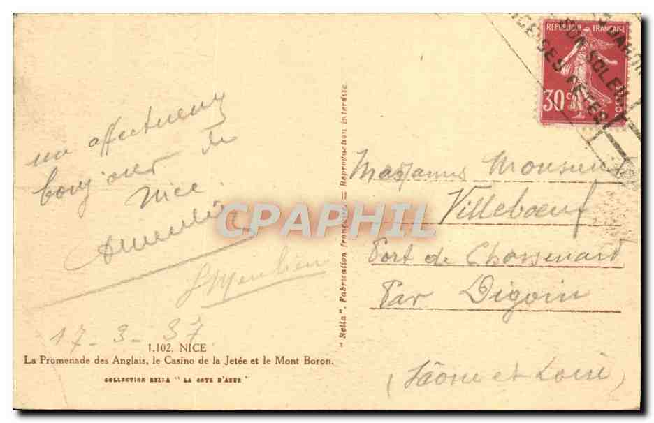 CPA Nice La Promenade Des Anglais Le Casino De La Jetee Et Le Mont Boron — Rückseite