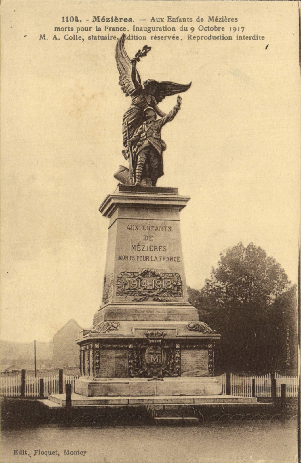 Mézières — Monument aux Enfants de Mézières morts pour la France — Édition réservée, M. A. Colle, statuaire