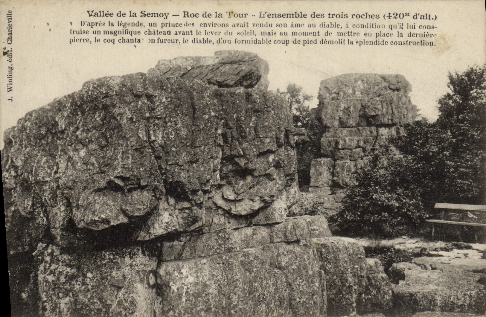 Vallée de la Semoy — Roc de la Tour — L'ensemble des trois roches (420m d'alt.) — J. Winling, édit. Charleville