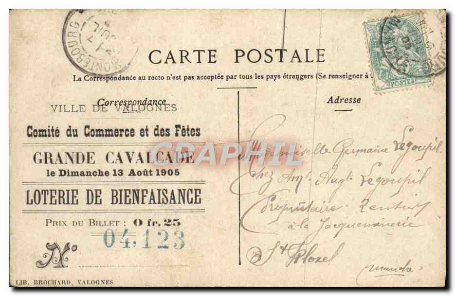 CPA Marseille Notre Dame De La Garde Publicite Grande Cavalcade 13 aout 1905 Loterie  — Rückseite
