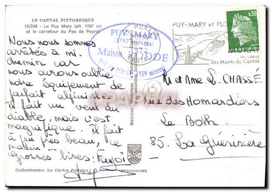CPM Le Cantal Pittoresque Le Puy Mary Et Le Carrefour Du Pas De Peyrol — Verso