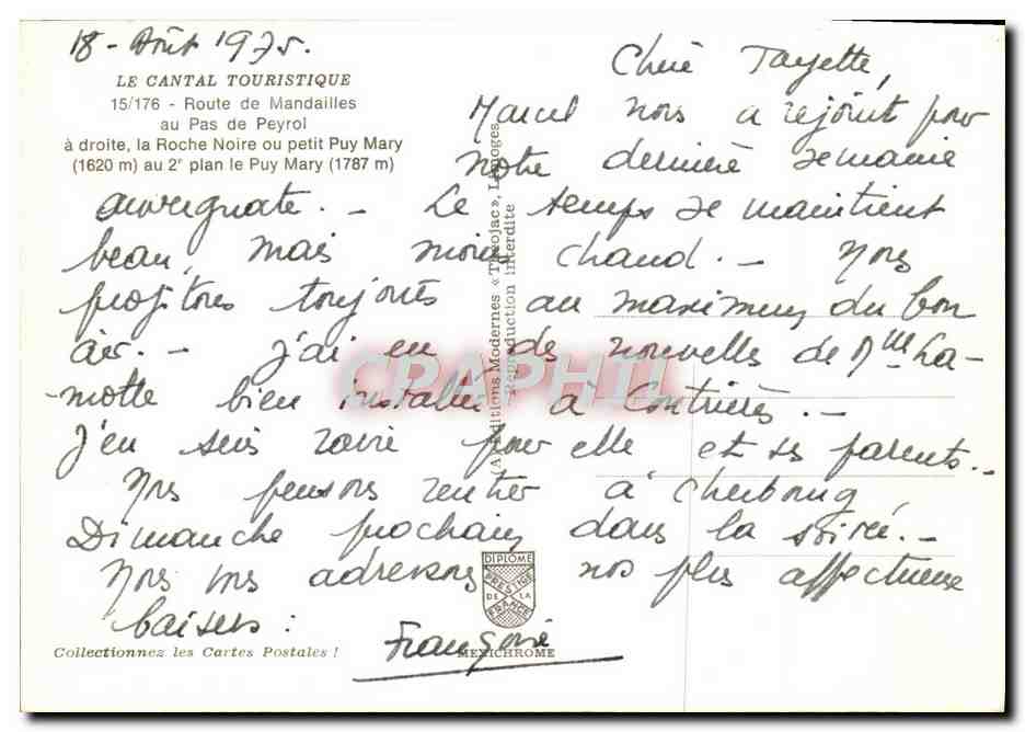 CPM Le Cantal Pittoresque route De Mandailles au Pas De Peyrol a Droite La Roche Noire Ou Petit Puy Mary — Verso