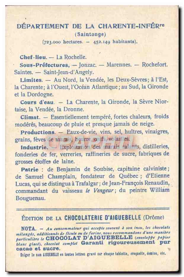 CPA Departement Charente Inferieure Chocolaterie d'Aiguebelle  — Rückseite