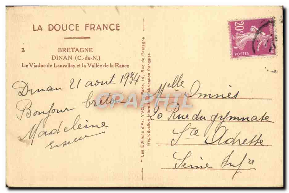 Le Viaduc de Lanvallay et la Vallée de la Rance — Dinan (C.-du-N.) — Les Éditions d'Art Y.V.C. Paris — Verso