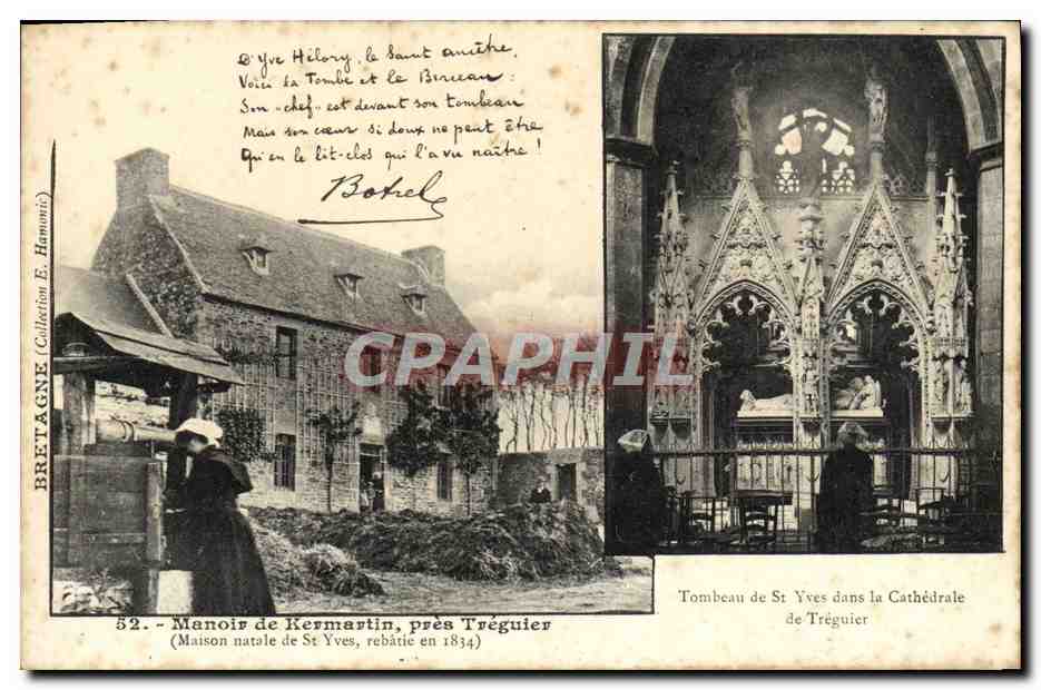 Maison natale de St Yves à Kermartin — Tombeau de St Yves dans la Cathédrale de Tréguier — Éditeur E. Hamon, n°52
