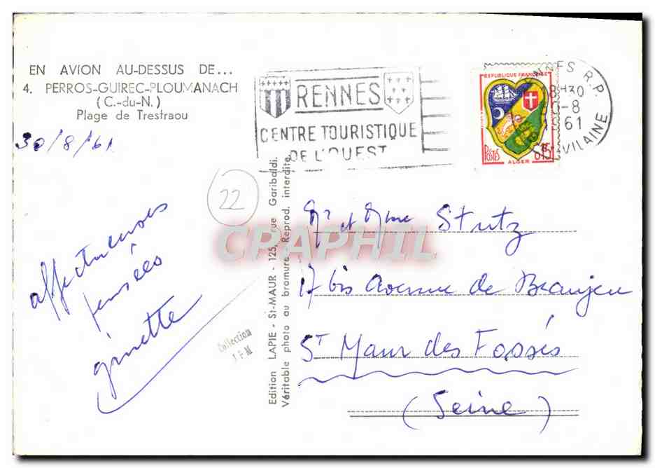 CPM en Avion Au Dessus De Perros Guirec Plouvanach Plage De Trestraou Tennis — Verso