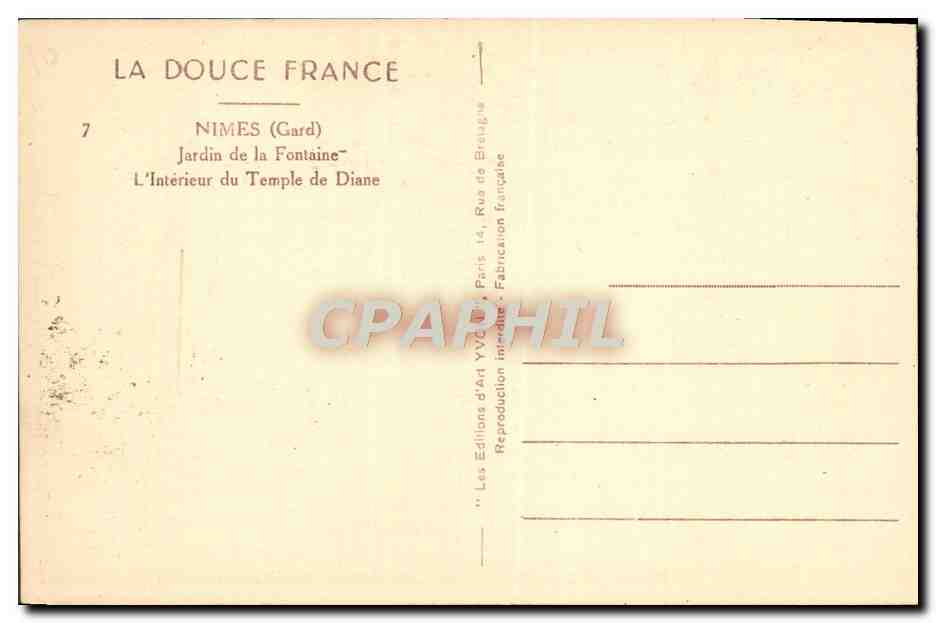 Nîmes (Gard) — Jardin de la Fontaine, L'Intérieur du Temple de Diane — Les Éditions d'Art YVC, Paris — Verso