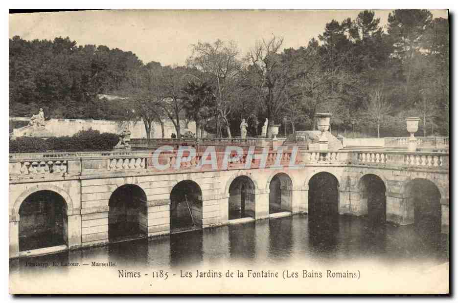 Nîmes - Les Jardins de la Fontaine (Les Bains Romains) — Éditeur J. Labour, Marseille, n° 1185