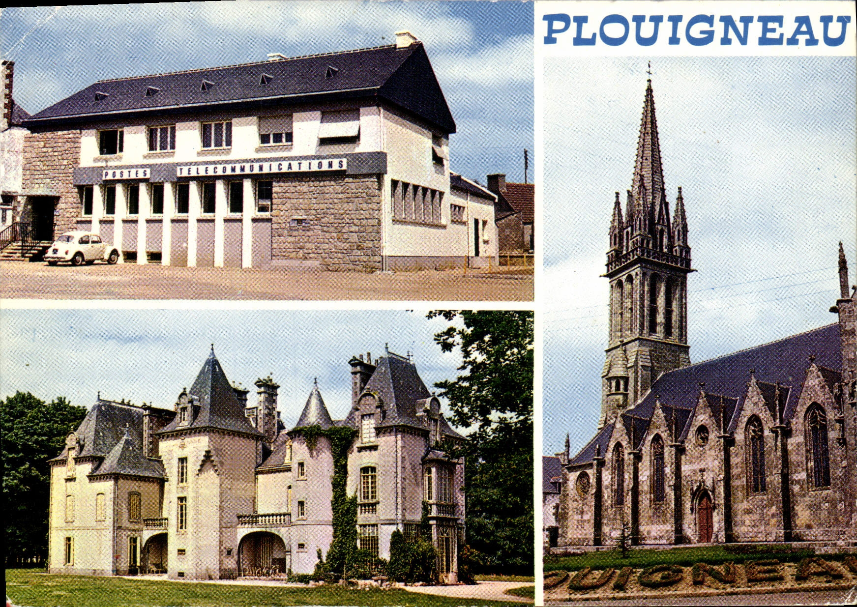 CPM Plouigneau La poste le chateau du mur et l'eglise