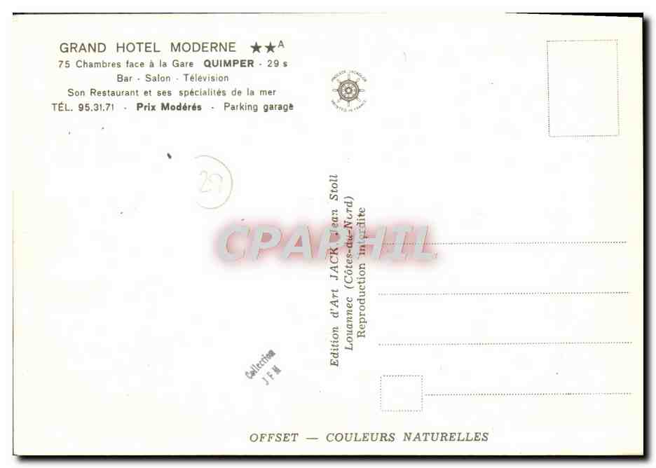 CPM Grand Hotel Moderne Chambres face a la Gare Quimper Korrigan — Rückseite