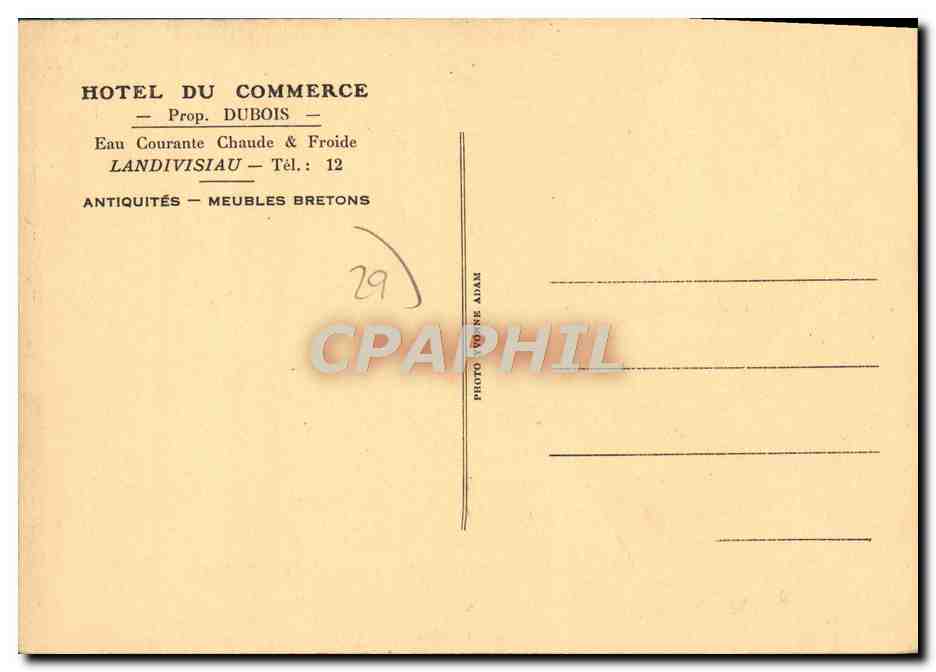 CPA Landivisiau Hotel du Commerce Dubois Antiquites Meubles Bretons — Rückseite