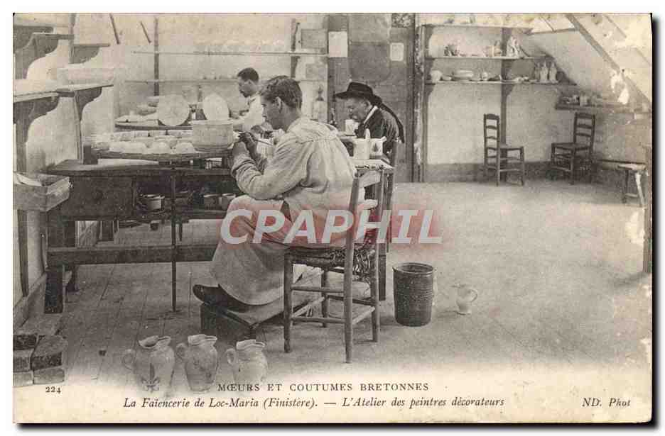 Tarjeta postal antigua El taller de pintores decoradores La Faiencerie de Loc Maria