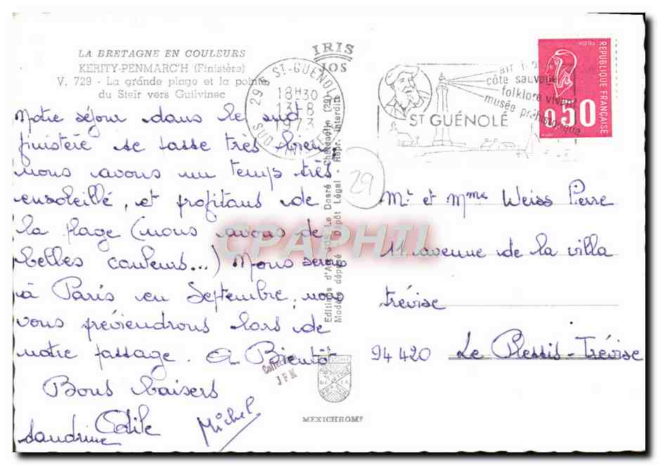CPM Kerity Penmarch La grande plage et la Points du Steir vers Guilvinec — Rückseite