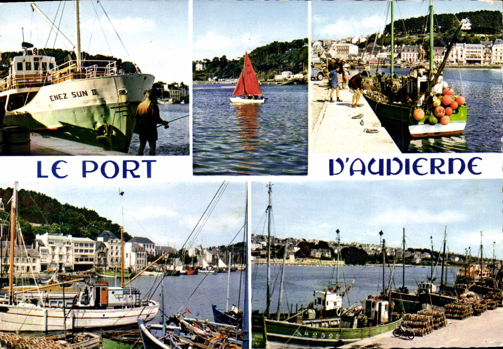 CPM Audierne et ses quais Bateaux de peche et le courrier Enez Sun reliant l'ile de Sein au continent