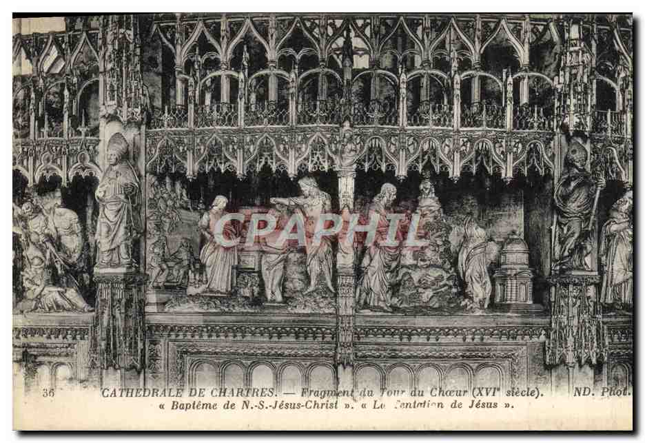 Cathédrale de Chartres — Fragment du Tour du Chœur (XVIe siècle). « Baptême de N.-S.-Jésus-Christ » et « L'Enfantion de Jésus » — ND. Phot.