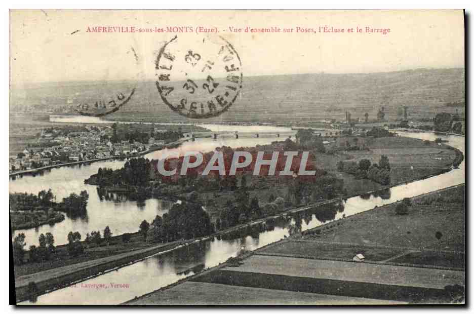 Amfreville-sous-les-Monts (Eure) — Overview of Poses, the Lock and the Dam — Lareyrot, Vernou