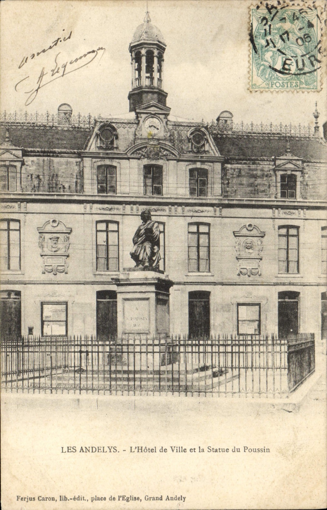 Les Andelys - L'Hôtel de Ville et la Statue du Poussin — Ferius Caron, lib.-édit., place de l'Église, Grand Andely