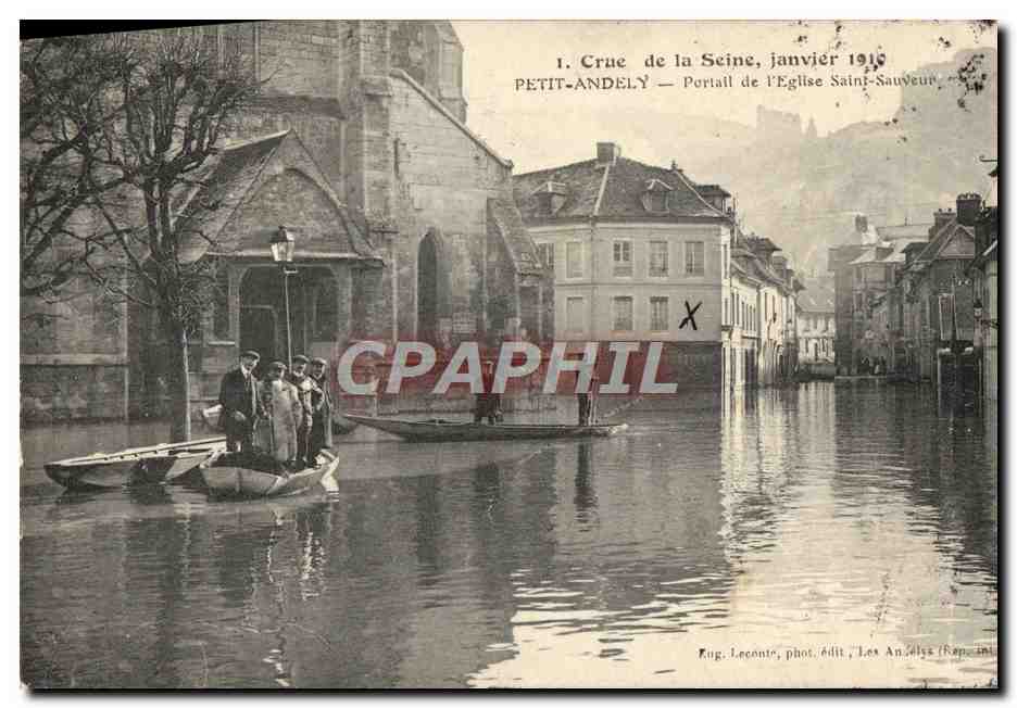CPA Crue de la Seine Janvier 1910 Petit Andely Portail de l'Eglise Saint Sauveur TOP