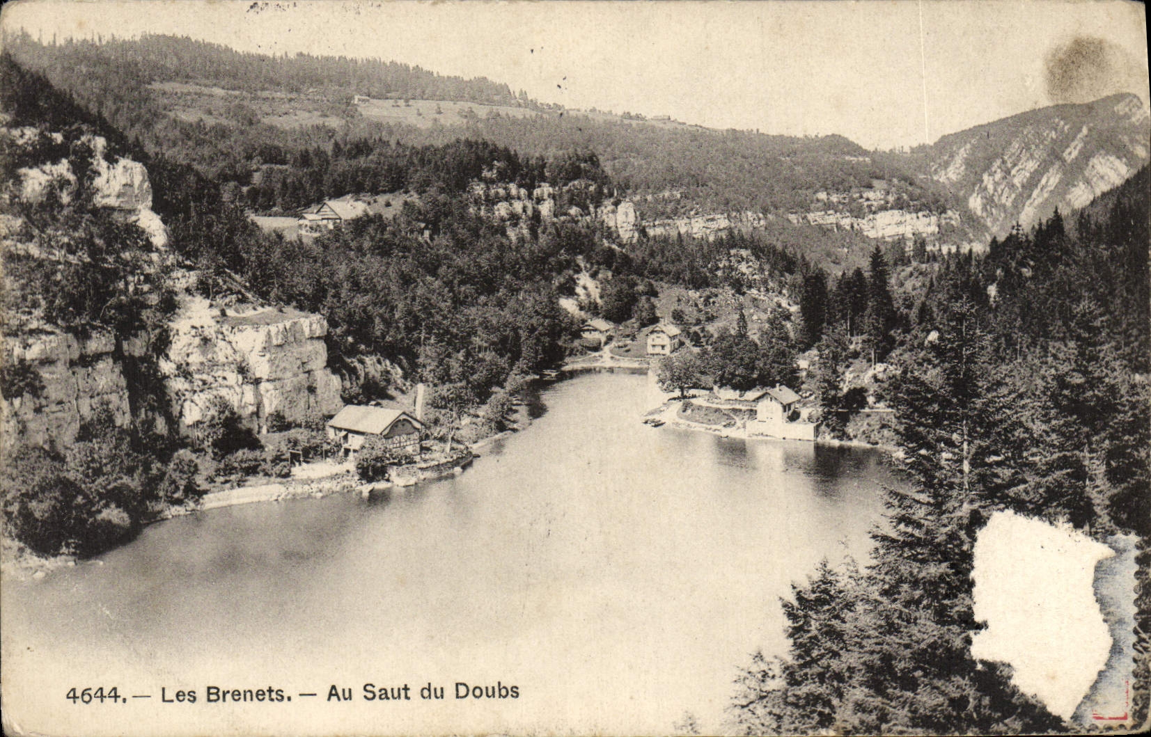 Antike Ansichtskarte Blick auf Les Brenets am Doubs-Wasserfall