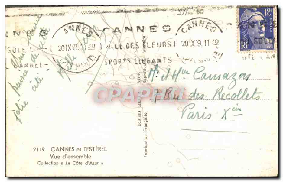 CPM Cannes et l'Esterel Vue d'ensemble  — Verso