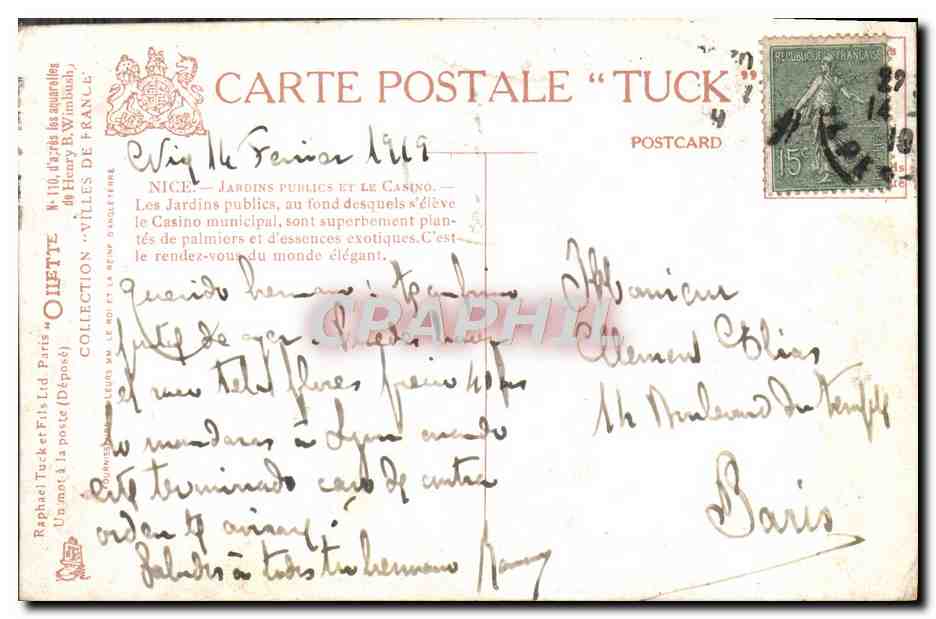 CPA Nice Les Jardins publics et le casino — Rückseite