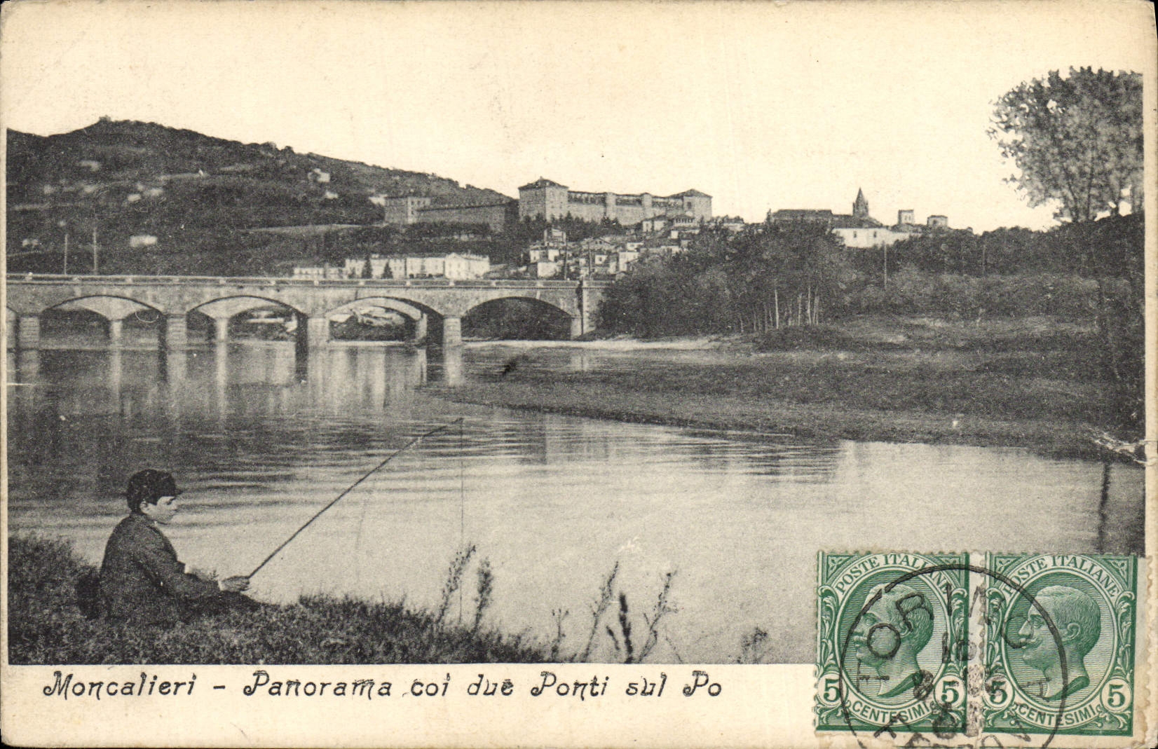 CPA Moncaliero Panorama Col Due Ponti sul Po Enfant Peche Pecheur