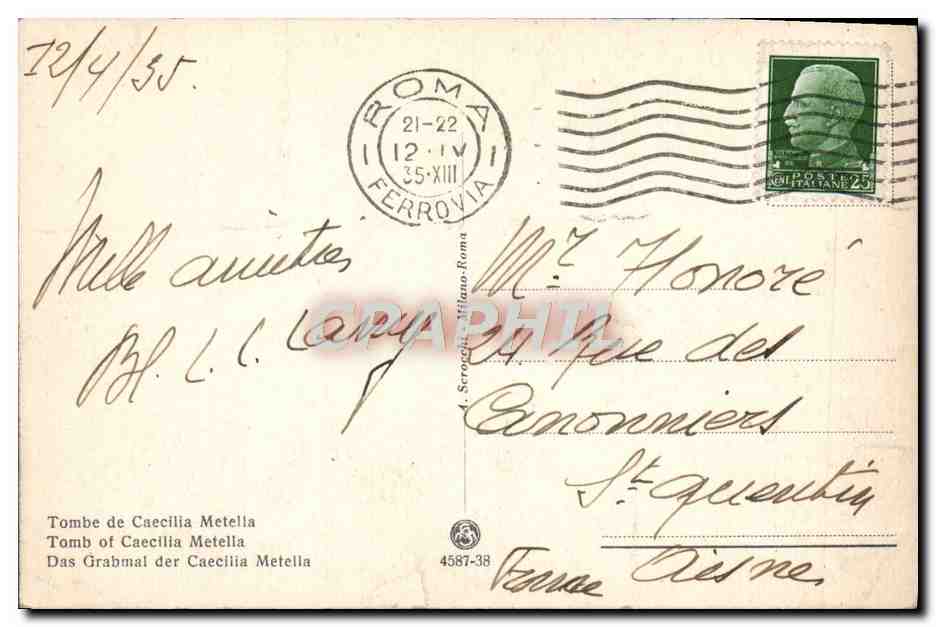 CPA Roma Dintorni Via Appia Tomba di Ceciolia Metella — Rückseite