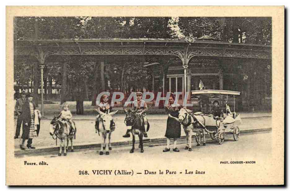 CPA Vichy Dans le parc Les anes Enfants Voiture a ane