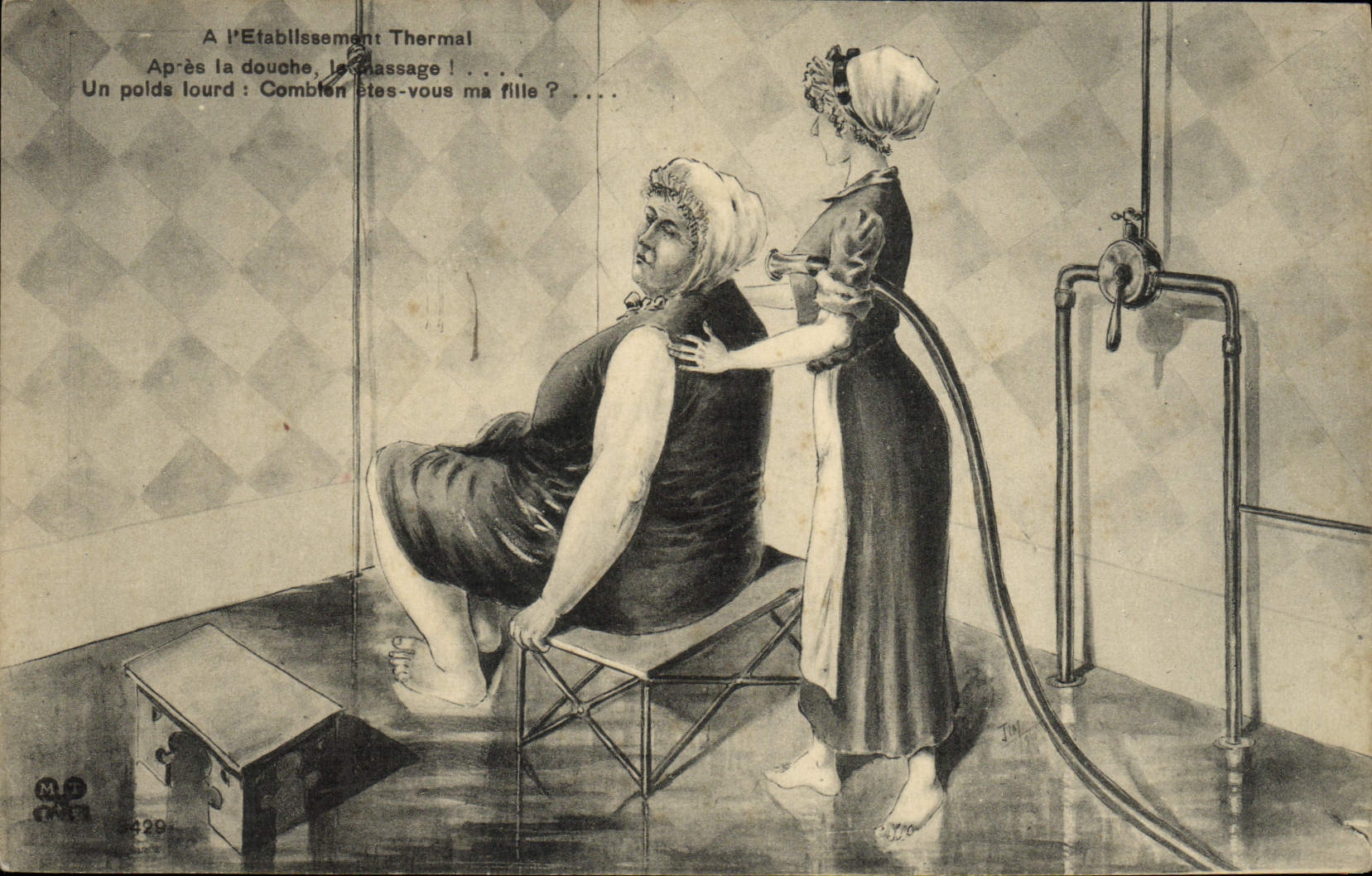 Établissement Thermal — Après la douche, le massage !... Un poids lourd : Combien êtes-vous ma fille ?... — J. M. (éditeur ?) n° 6239