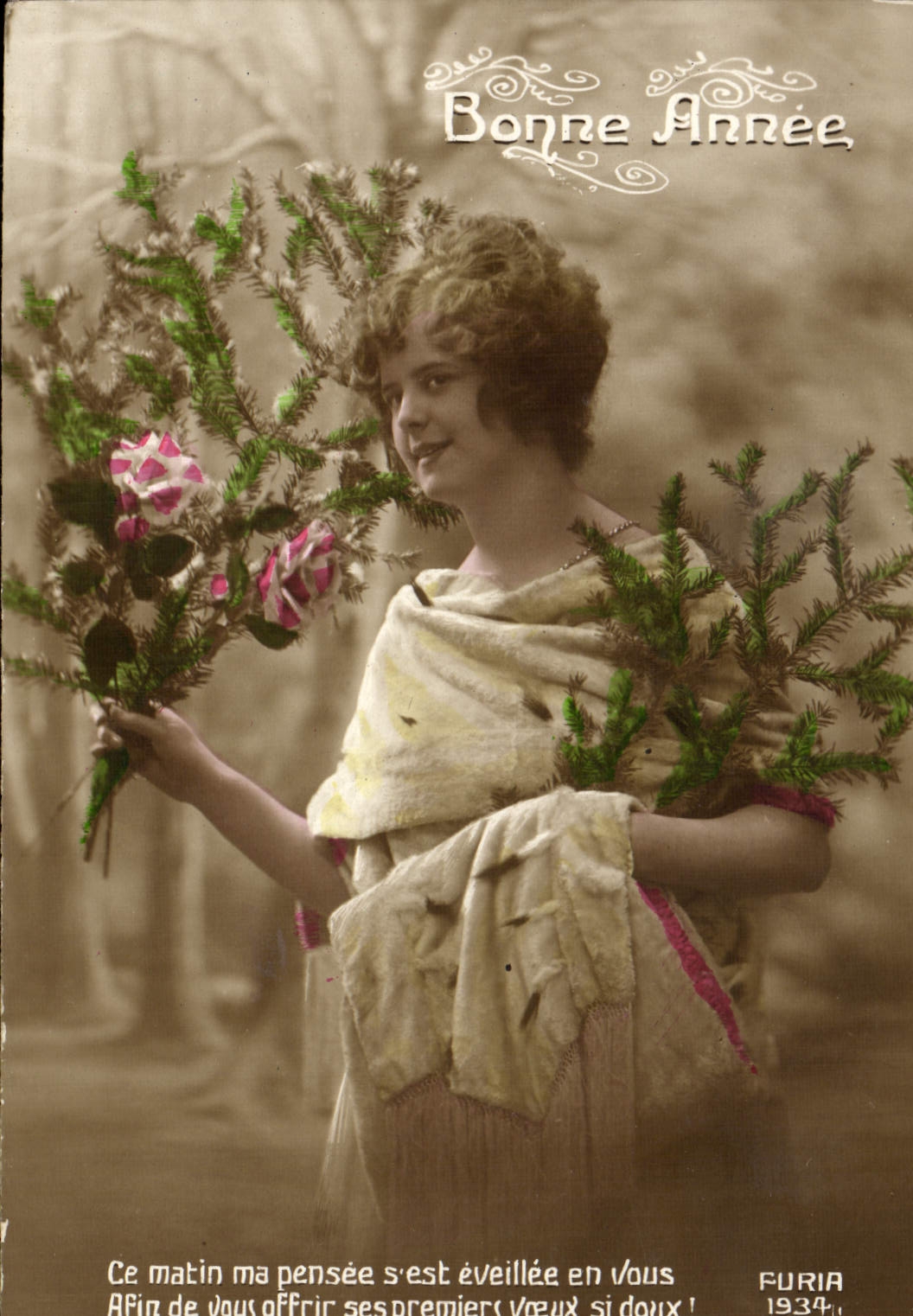 Femme avec bouquet de sapin — Bonne Année 1934 — Furia