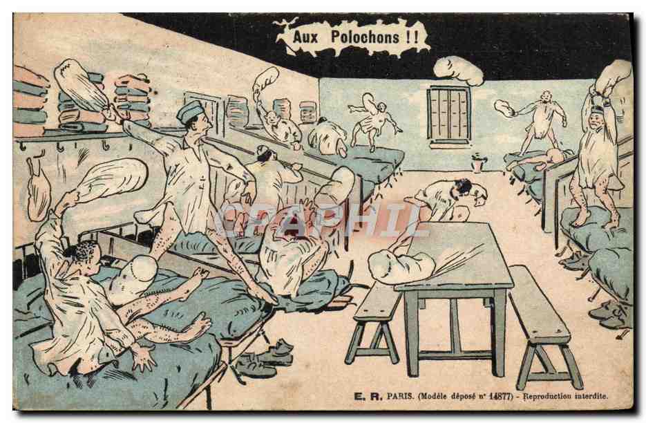 Soldaten in Nachthemden in einem Krankenzimmer — Aux Polochons !! — E. R. PARIS (Geschütztes Modell n° 14877) - Vorderseite