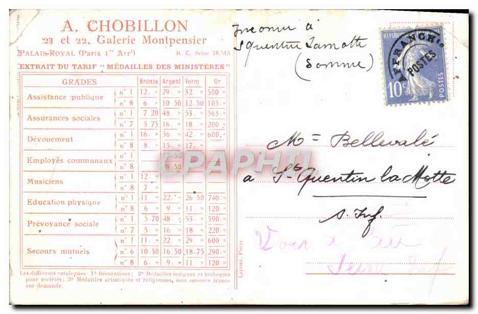 CPA Medailles Chobillon Galerie Montpensier Paris  — Verso