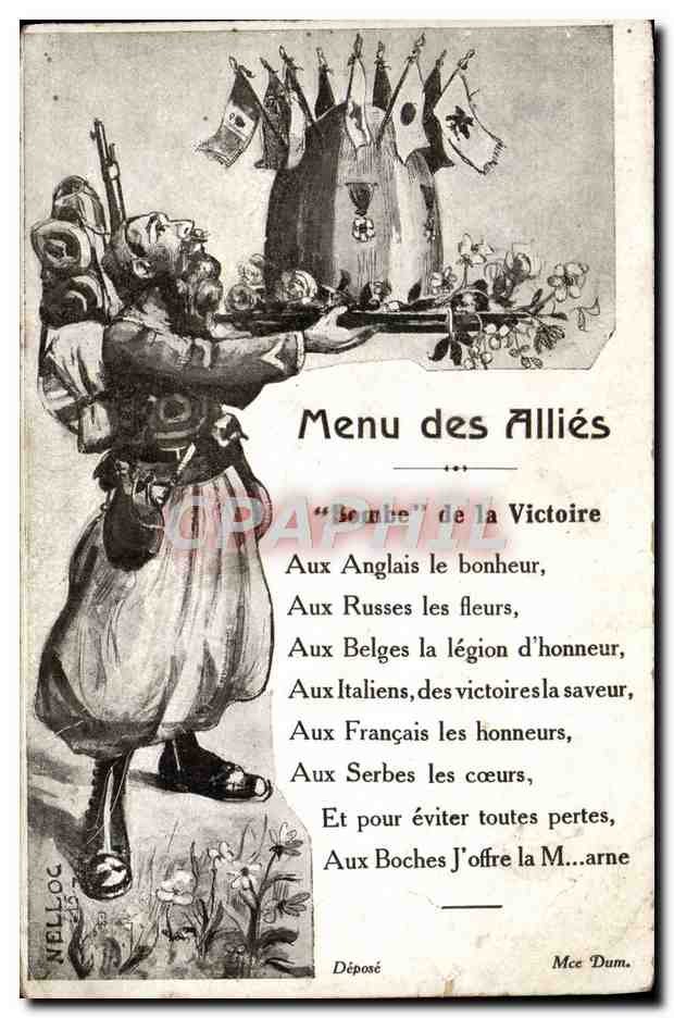 CPA Menu des Allies Bombe de la victoire Militaria