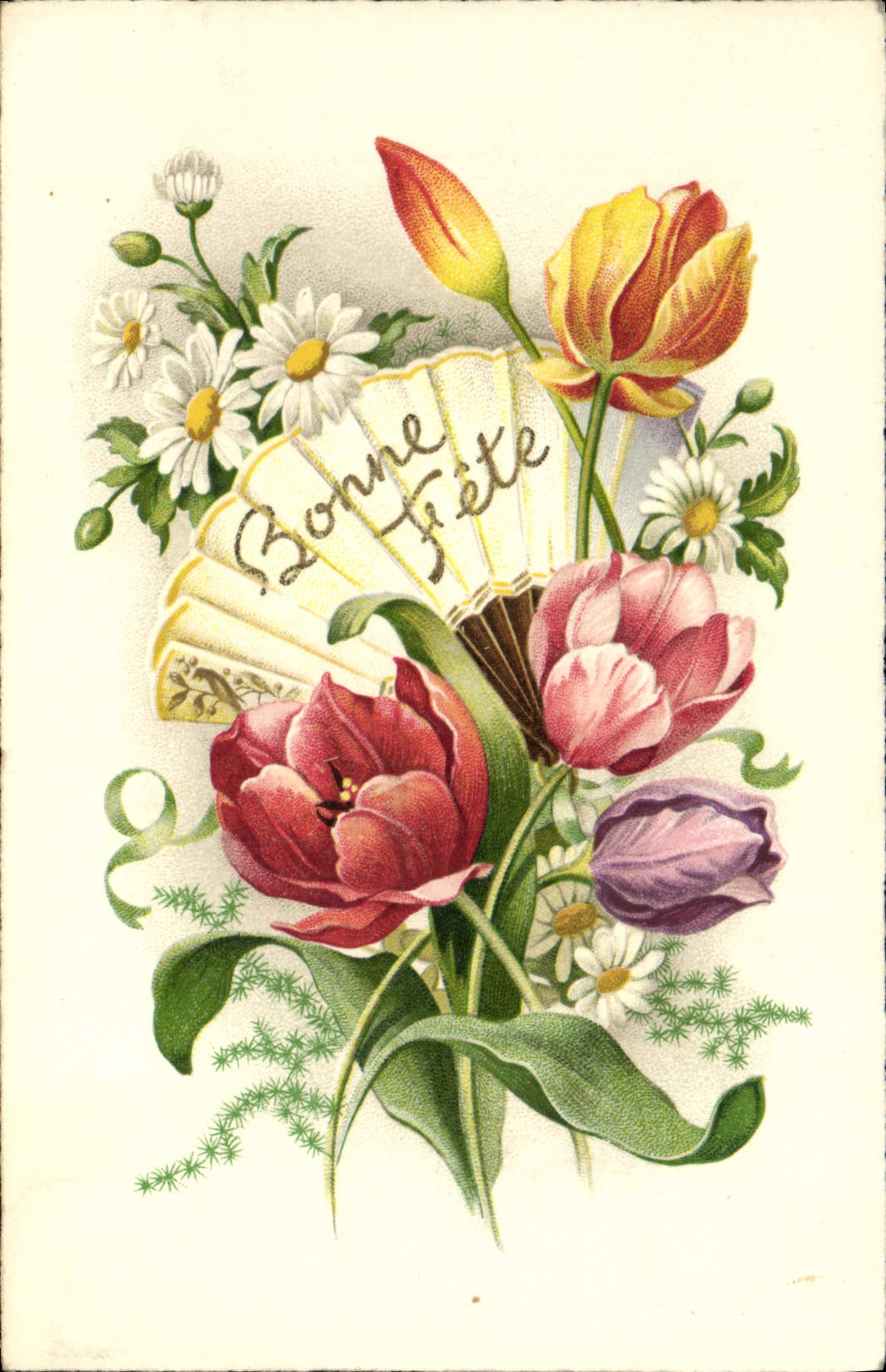 CPA Bonne Annee Fleurs Eventail