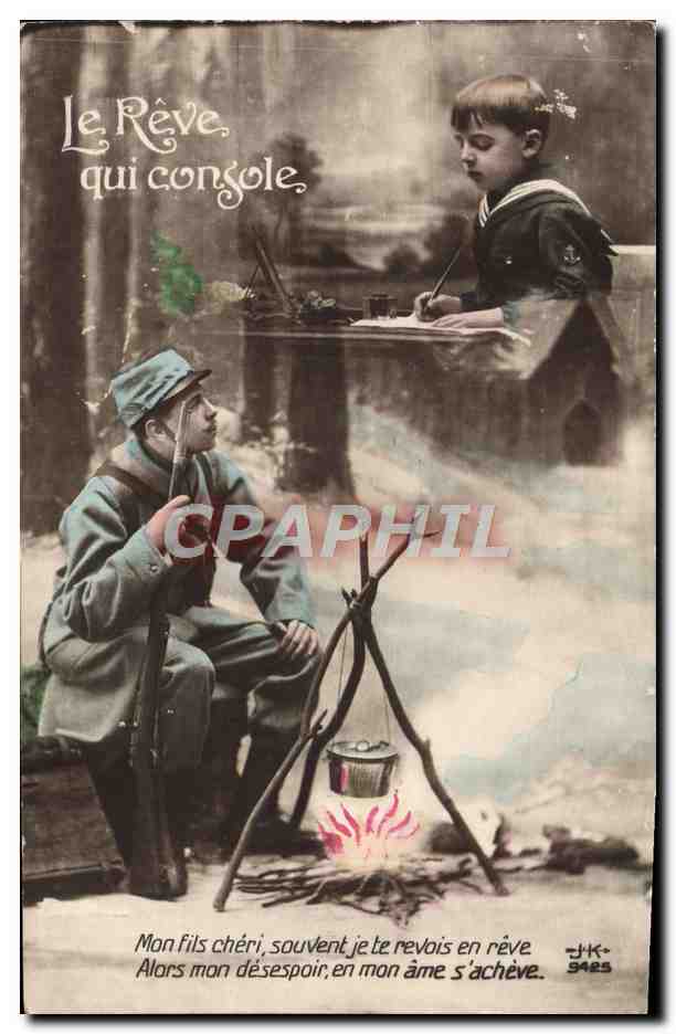 CPA Le reve qui console Soldat Poilu Enfant Militaria 