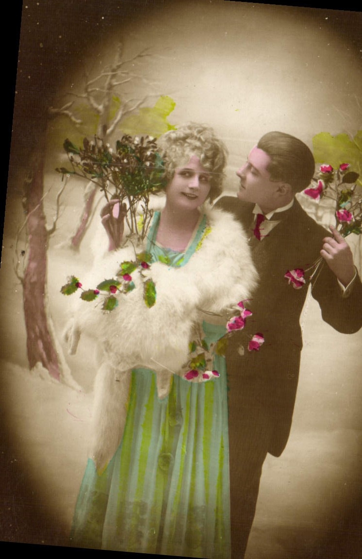 Couple en tenue d'hiver — scène de jardin — éditeur inconnu