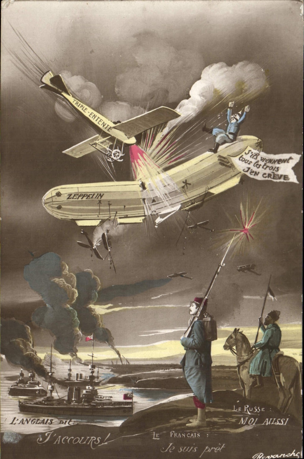 CPA Fantaisie Soldat Militaria Zeppelin Avion Bateaux 